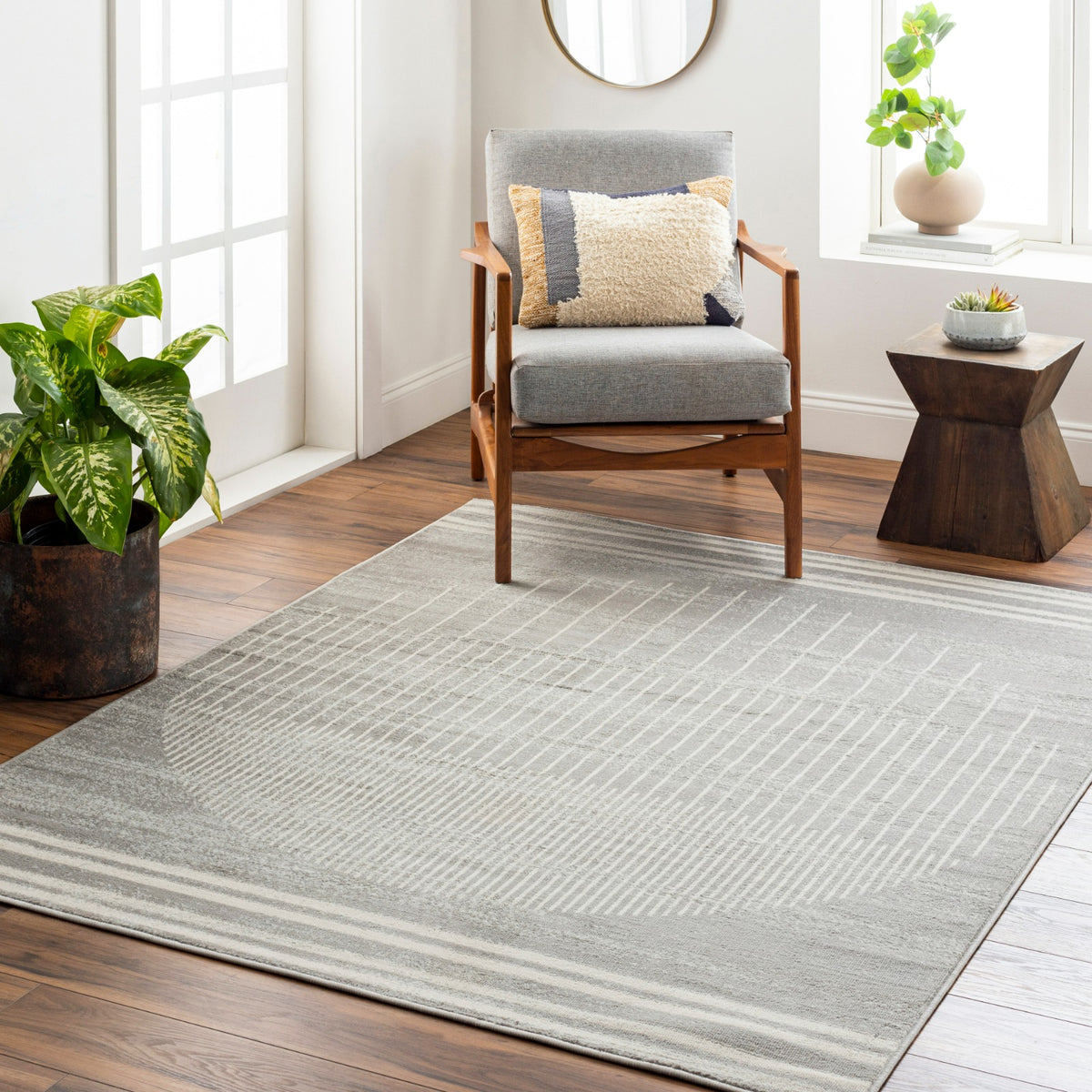Tapis SURYA Santiago géométrique, motif de lignes fines et formes arrondies gris et beige, vue 8