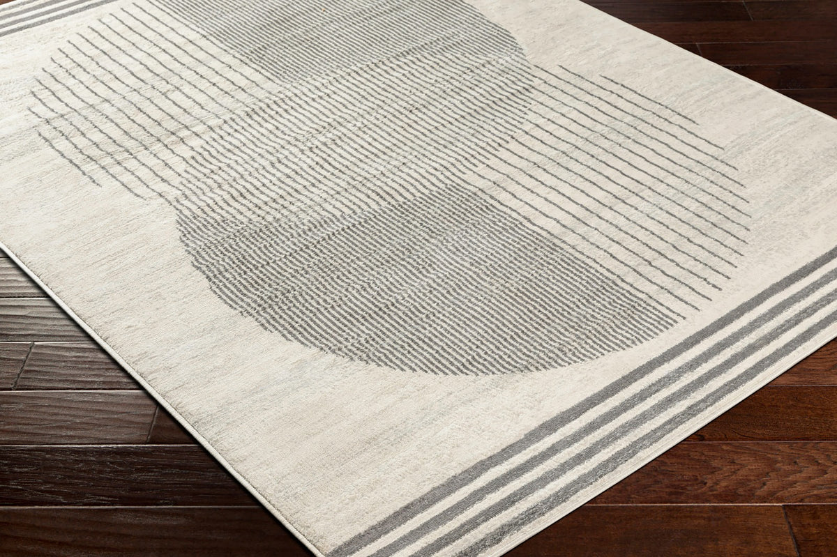 Tapis SURYA Montevideo géométrique, motif cercles rayés gris sur fond beige clair, vue 6