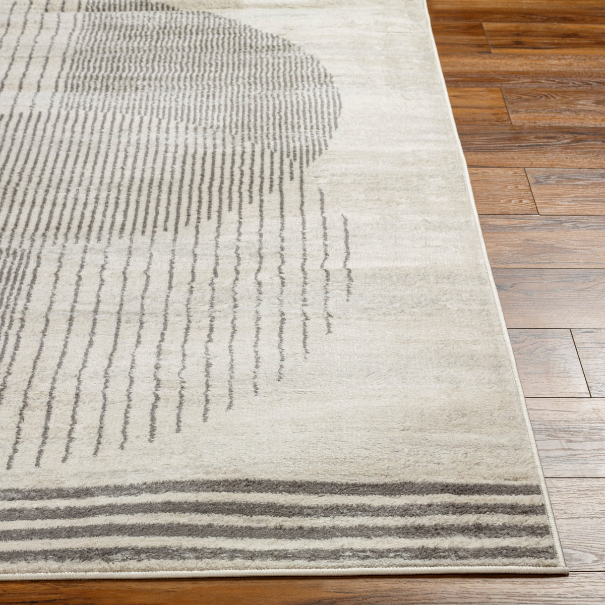 Tapis SURYA Montevideo géométrique, motif cercles rayés gris sur fond beige clair, vue 5