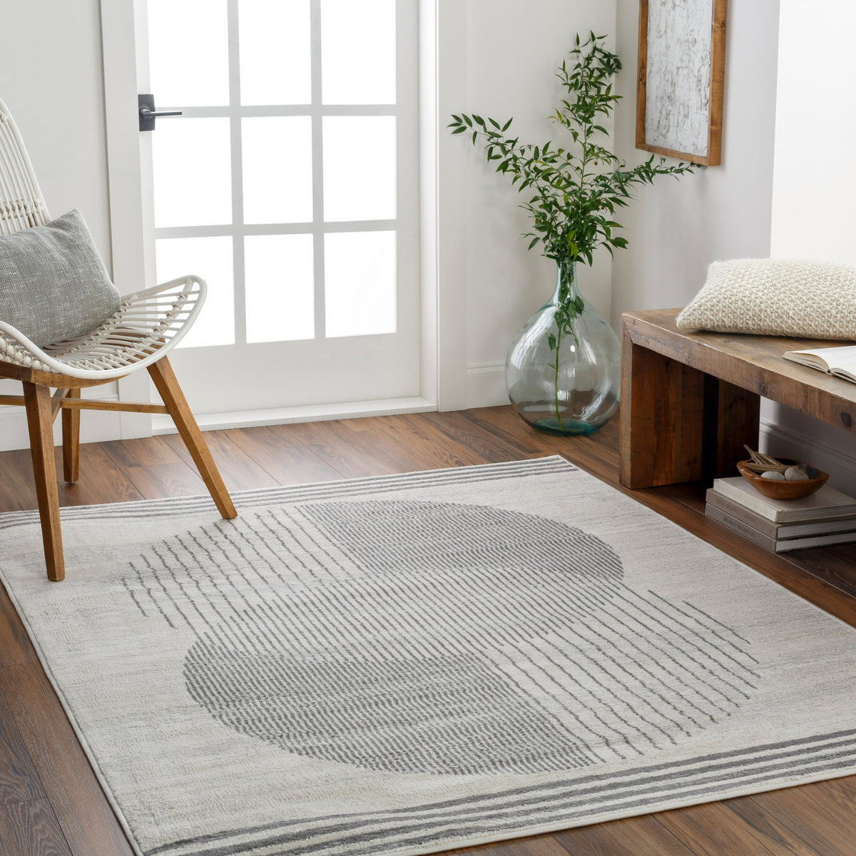 Tapis SURYA Montevideo géométrique, motif cercles rayés gris sur fond beige clair