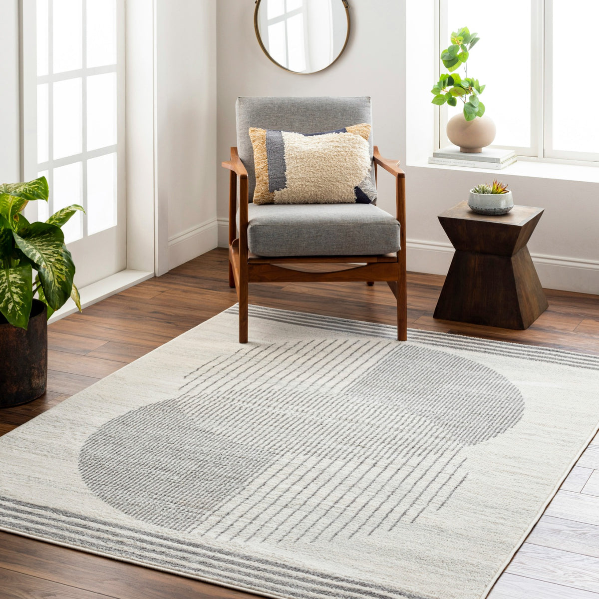 Tapis SURYA Montevideo géométrique, motif cercles rayés gris sur fond beige clair, vue 8