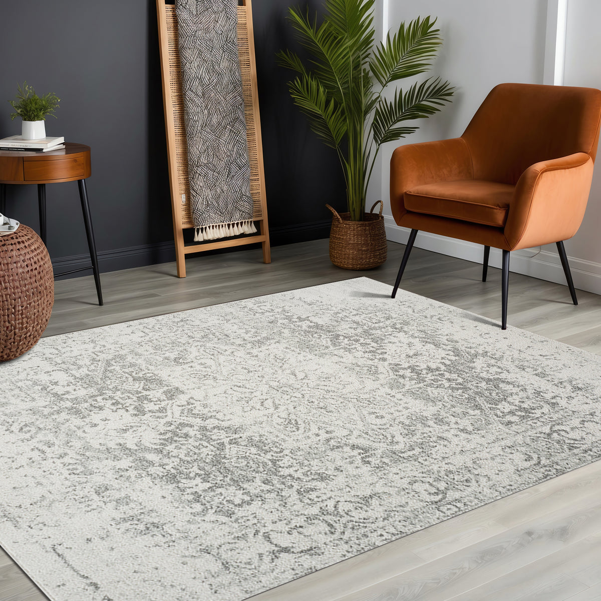 Tapis SURYA Juliette oriental, motif médaillon délavé gris et blanc, vue 8