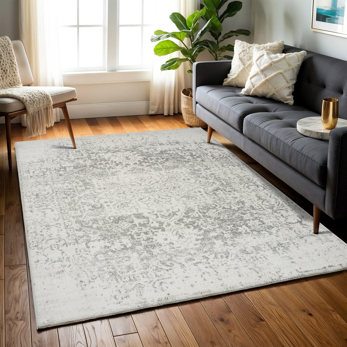 Tapis SURYA Juliette oriental, motif médaillon délavé gris et blanc, vue 7