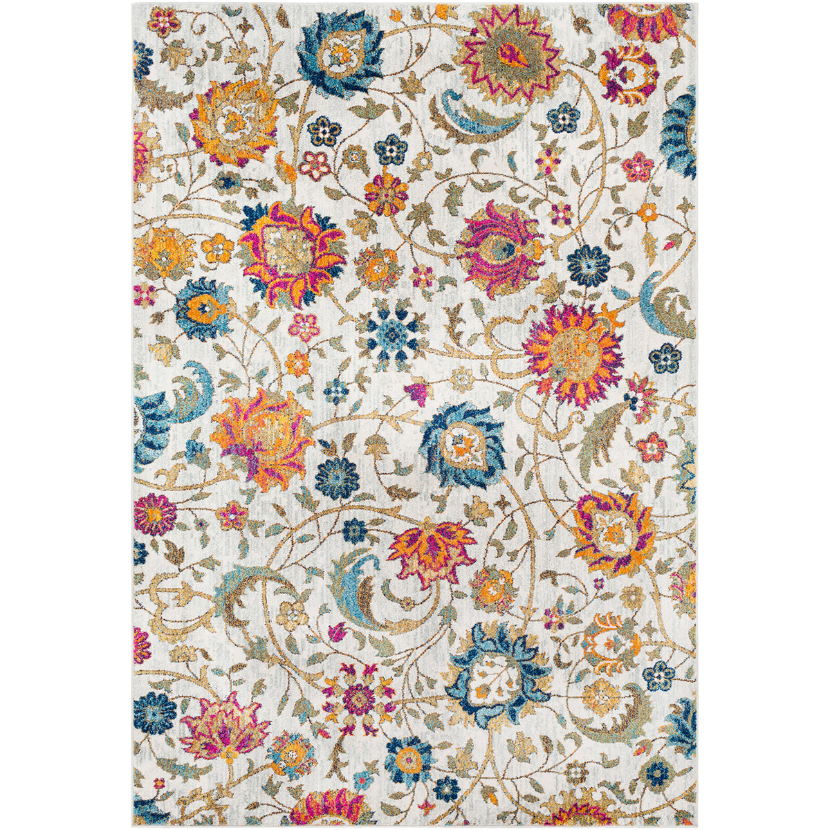 Tapis Surya Hanshu floral bohème, grandes fleurs orange, fuchsia et bleu sur fond écru