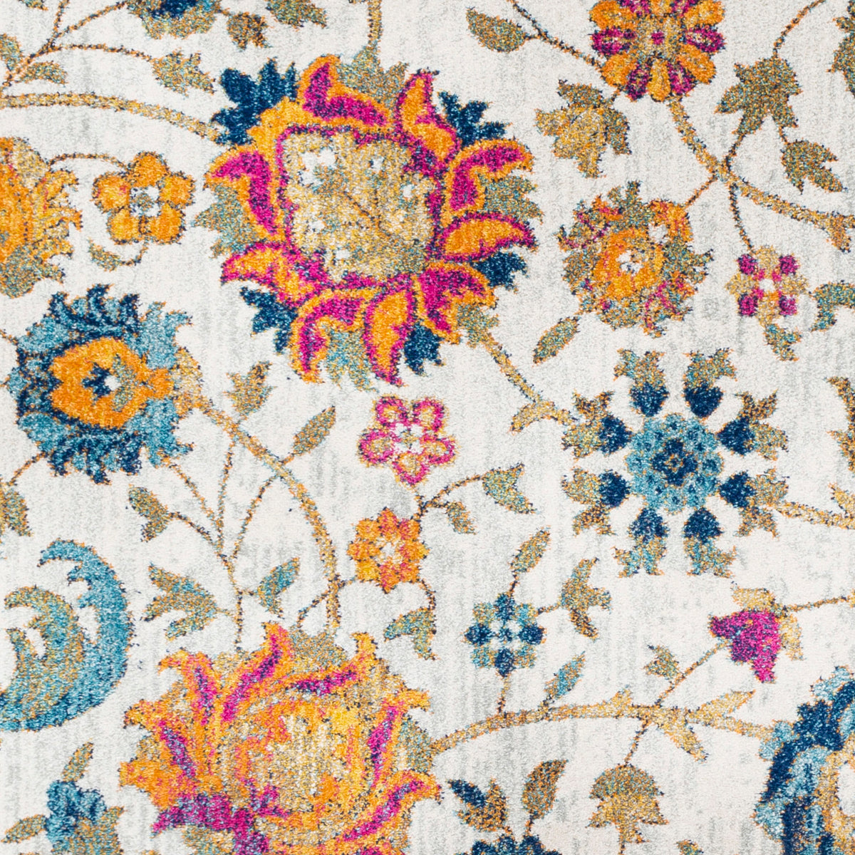 Tapis Surya Hanshu floral bohème, grandes fleurs orange, fuchsia et bleu sur fond écru, vue 6