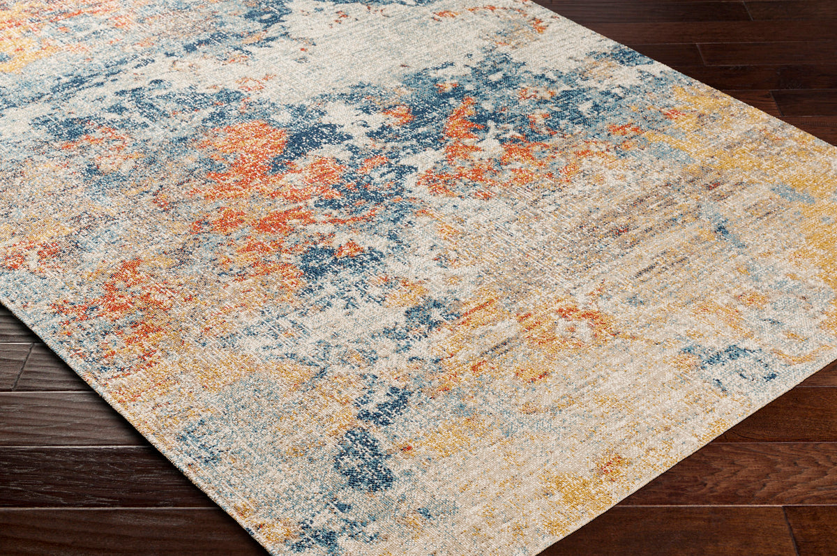 Tapis SURYA Tchia intérieur et extérieur, motif abstrait orange, safran et bleu, vue 6