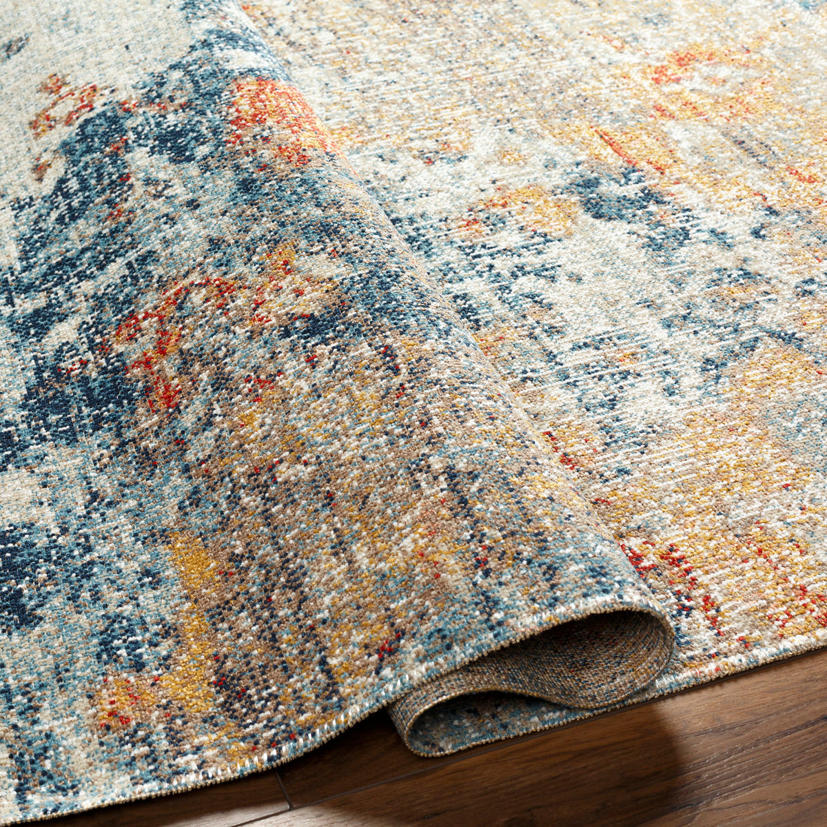 Tapis SURYA Tchia intérieur et extérieur, motif abstrait orange, safran et bleu, vue 4