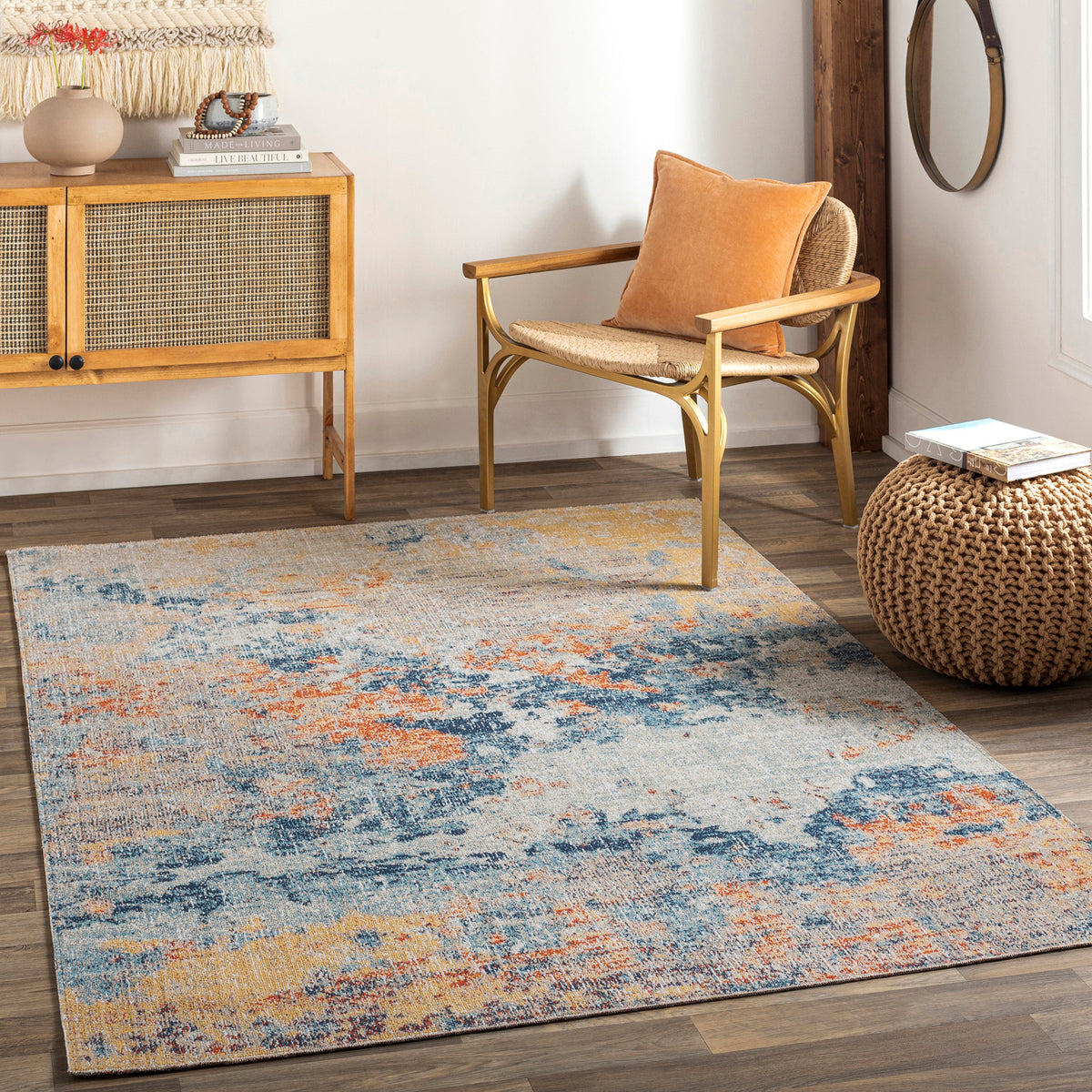 Tapis SURYA Tchia intérieur et extérieur, motif abstrait orange, safran et bleu