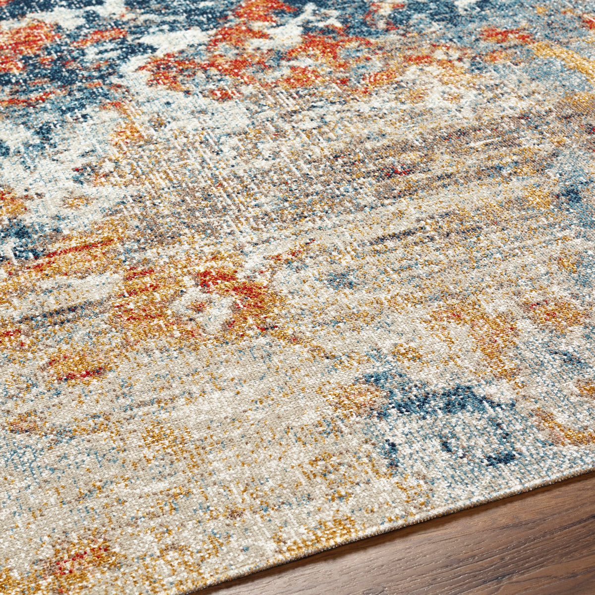 Tapis SURYA Tchia intérieur et extérieur, motif abstrait orange, safran et bleu, vue 3