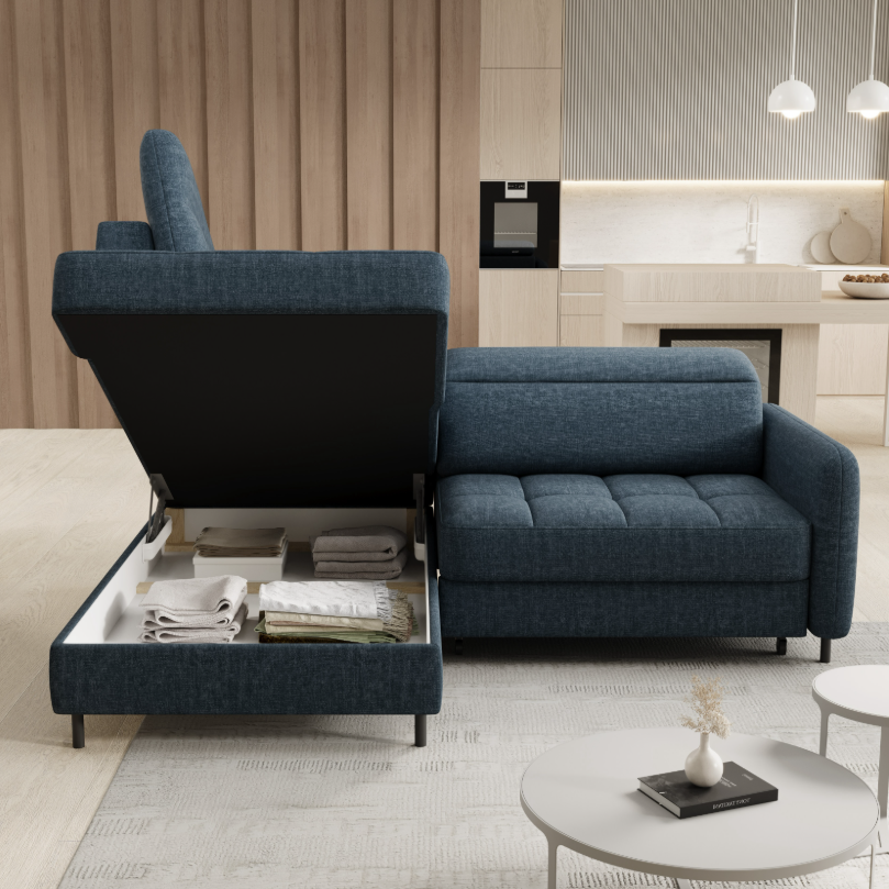 Canapé convertible d'angle gauche Borea en tissu bleu foncé avec coffre
