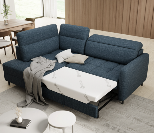 Canapé convertible d'angle gauche Borea en tissu bleu foncé avec coffre