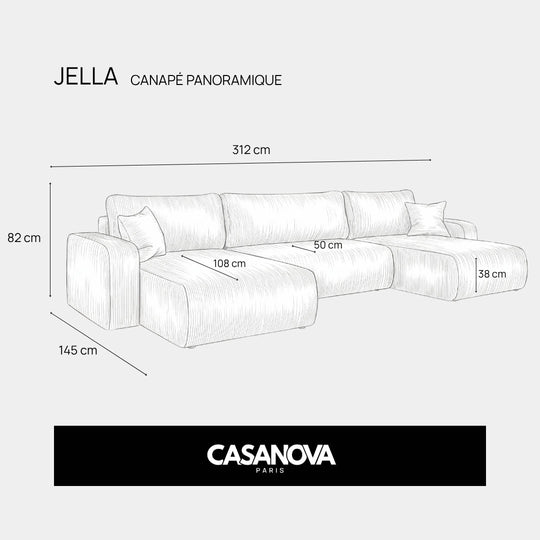 Canapé panoramique CASANOVA Jella 5 places en petit velours côtelé vert — photo produit