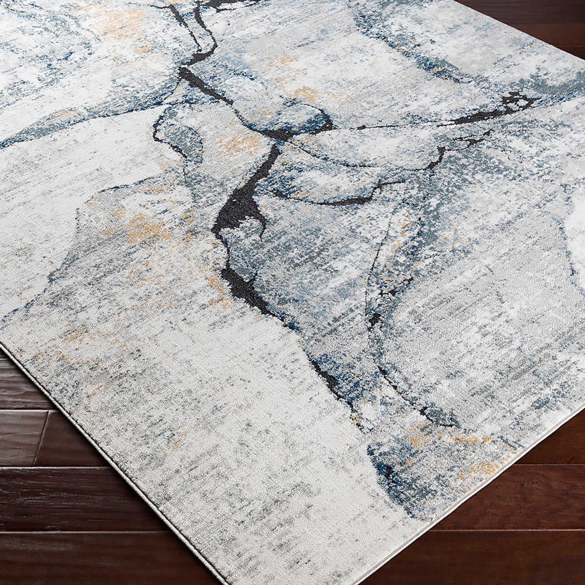 Tapis SURYA Berlin moderne, motif abstrait effet marbre veiné noir sur gris clair et ivoire, vue 6