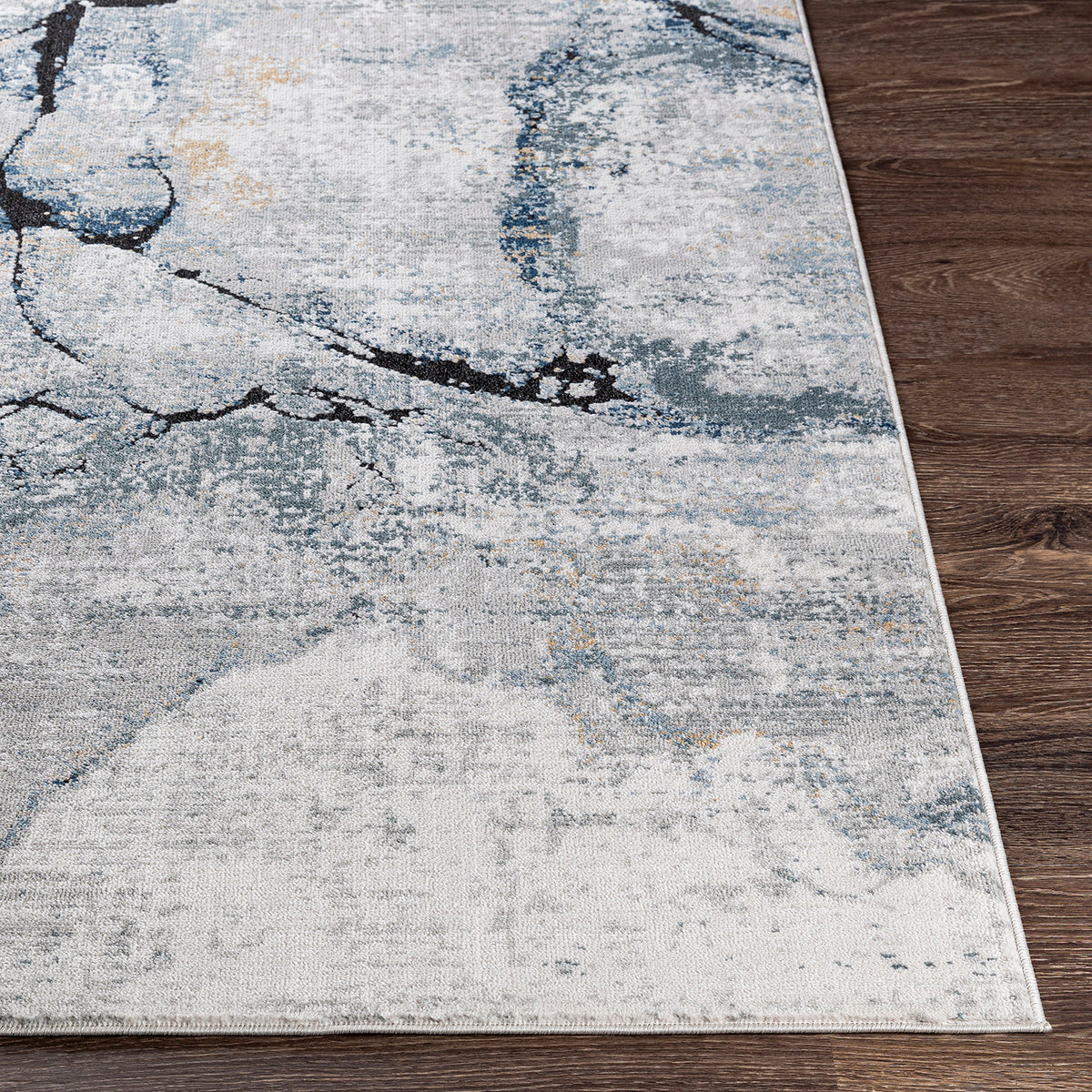 Tapis SURYA Berlin moderne, motif abstrait effet marbre veiné noir sur gris clair et ivoire, vue 5