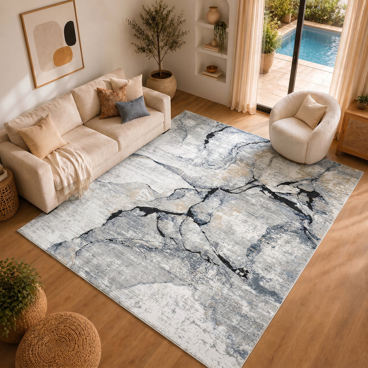 Tapis SURYA Berlin moderne, motif abstrait effet marbre veiné noir sur gris clair et ivoire, vue 11