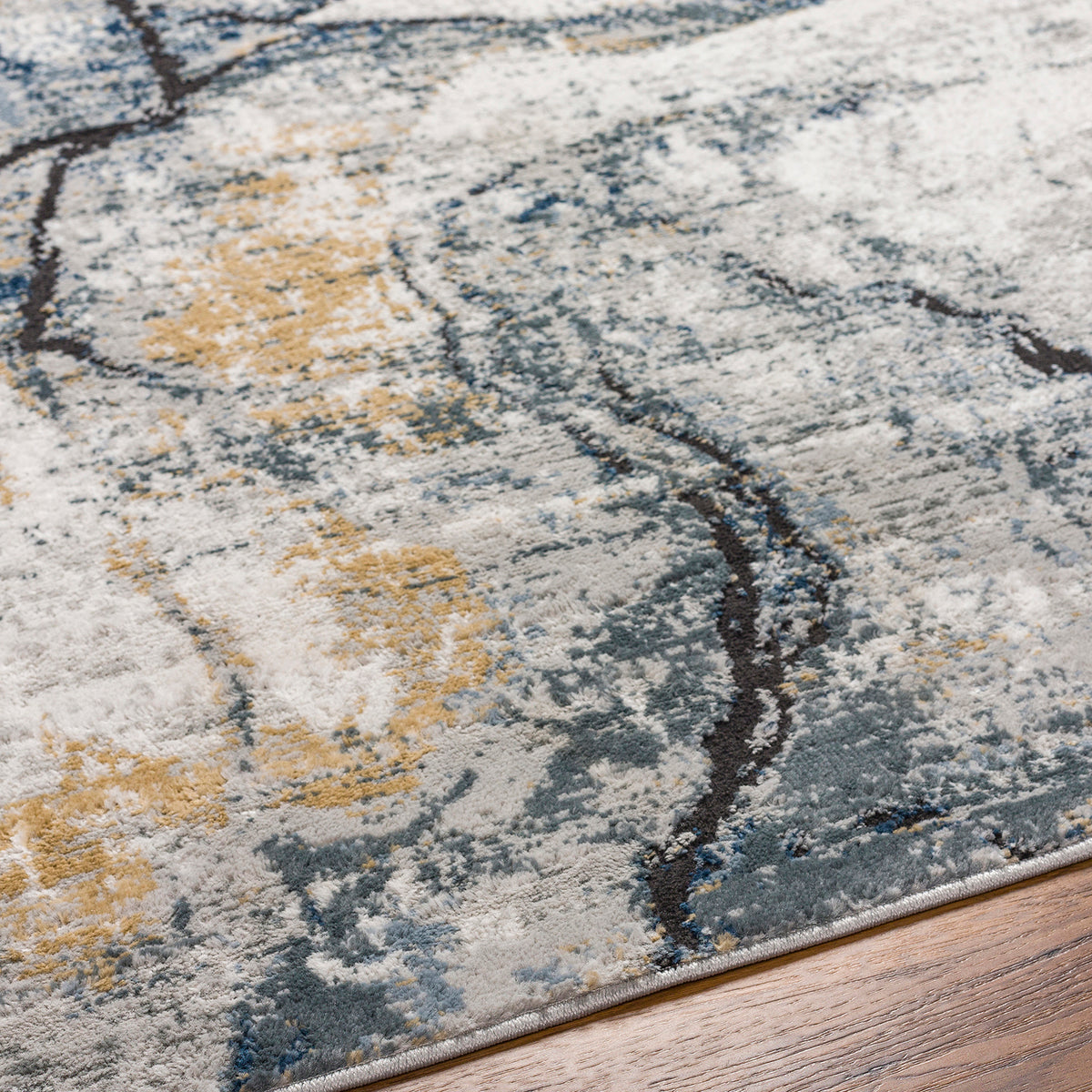 Tapis SURYA Berlin moderne, motif abstrait effet marbre veiné noir sur gris clair et ivoire, vue 3