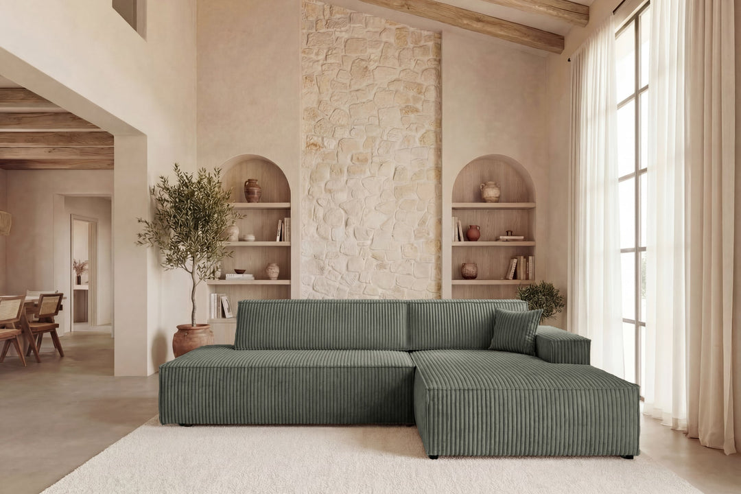 Canapé d'angle droit convertible CASANOVA Laria en gros velours côtelé vert — photo produit