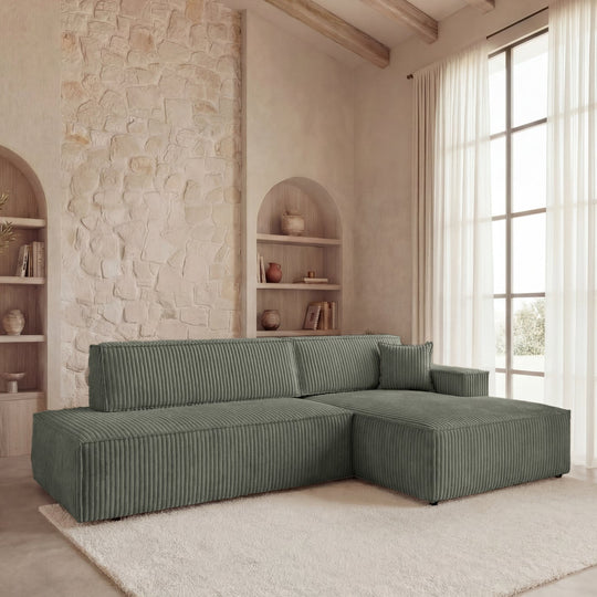 Canapé d'angle droit convertible CASANOVA Laria en gros velours côtelé vert — photo produit