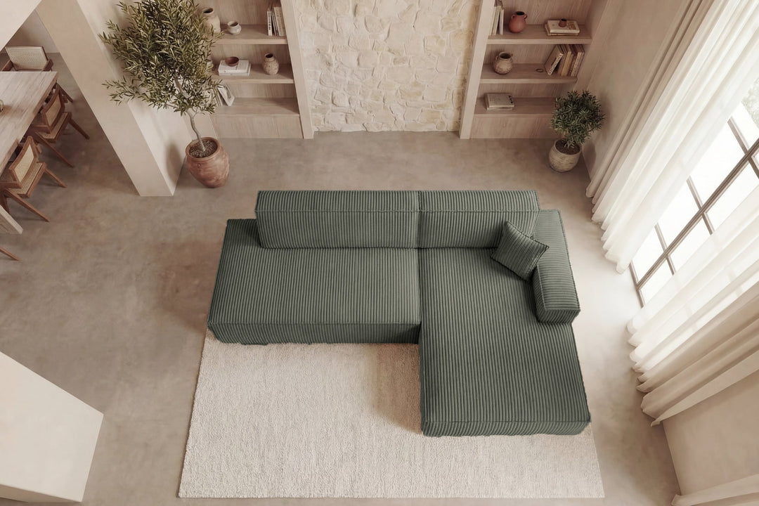 Canapé d'angle droit convertible CASANOVA Laria en gros velours côtelé vert — photo produit