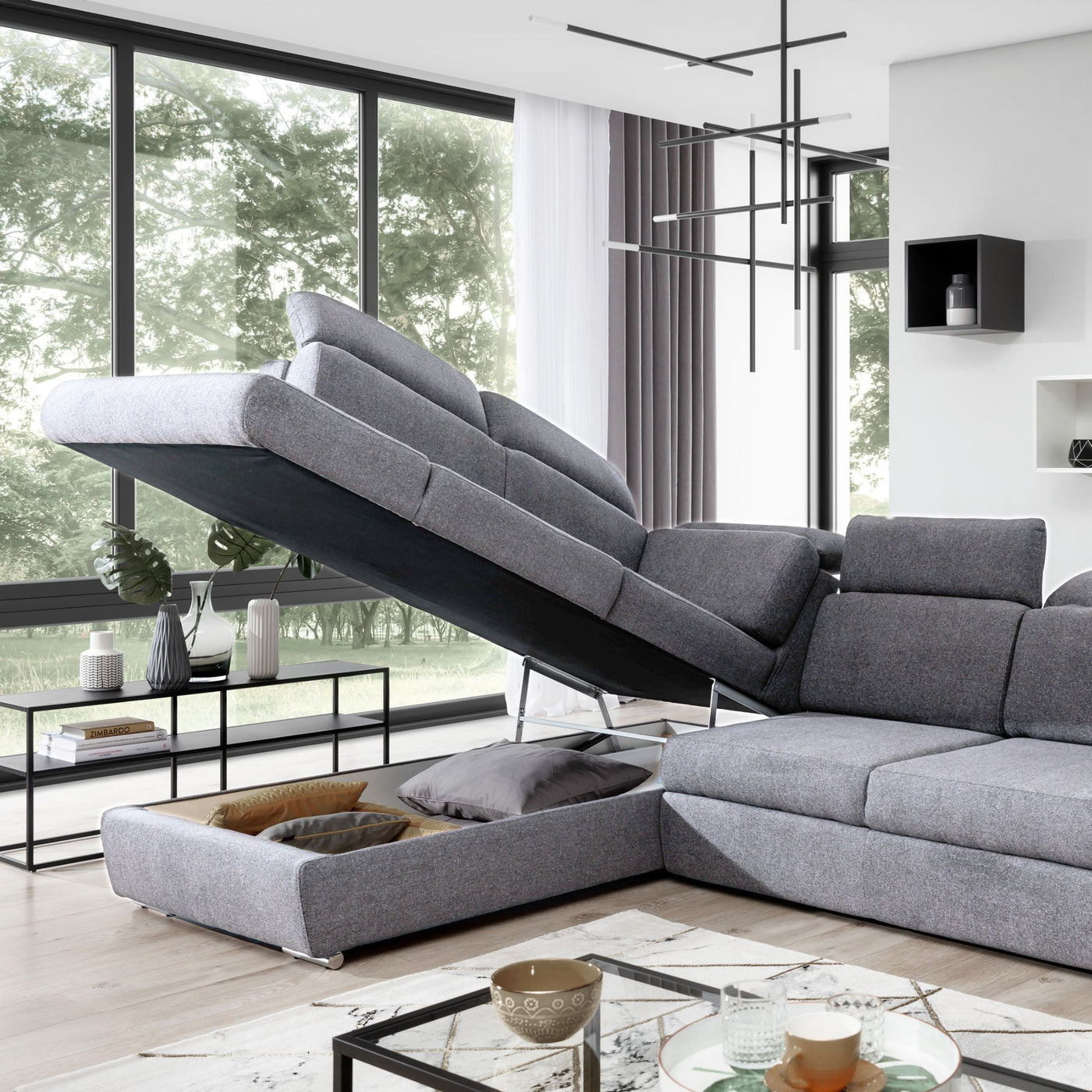 Canapé d'angle gauche convertible LES TENDANCES Kepita en tissu Gris clair chiné avec appuis-tête réglables et rangement