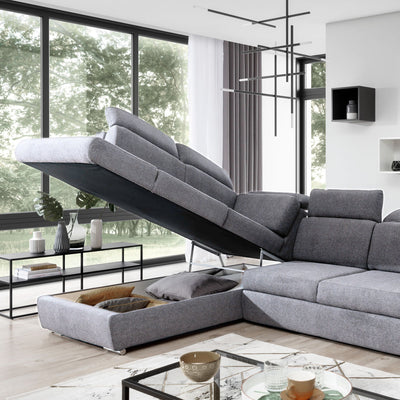 Canapé d'angle gauche convertible LES TENDANCES Kepita en tissu Gris clair chiné avec appuis-tête réglables et rangement