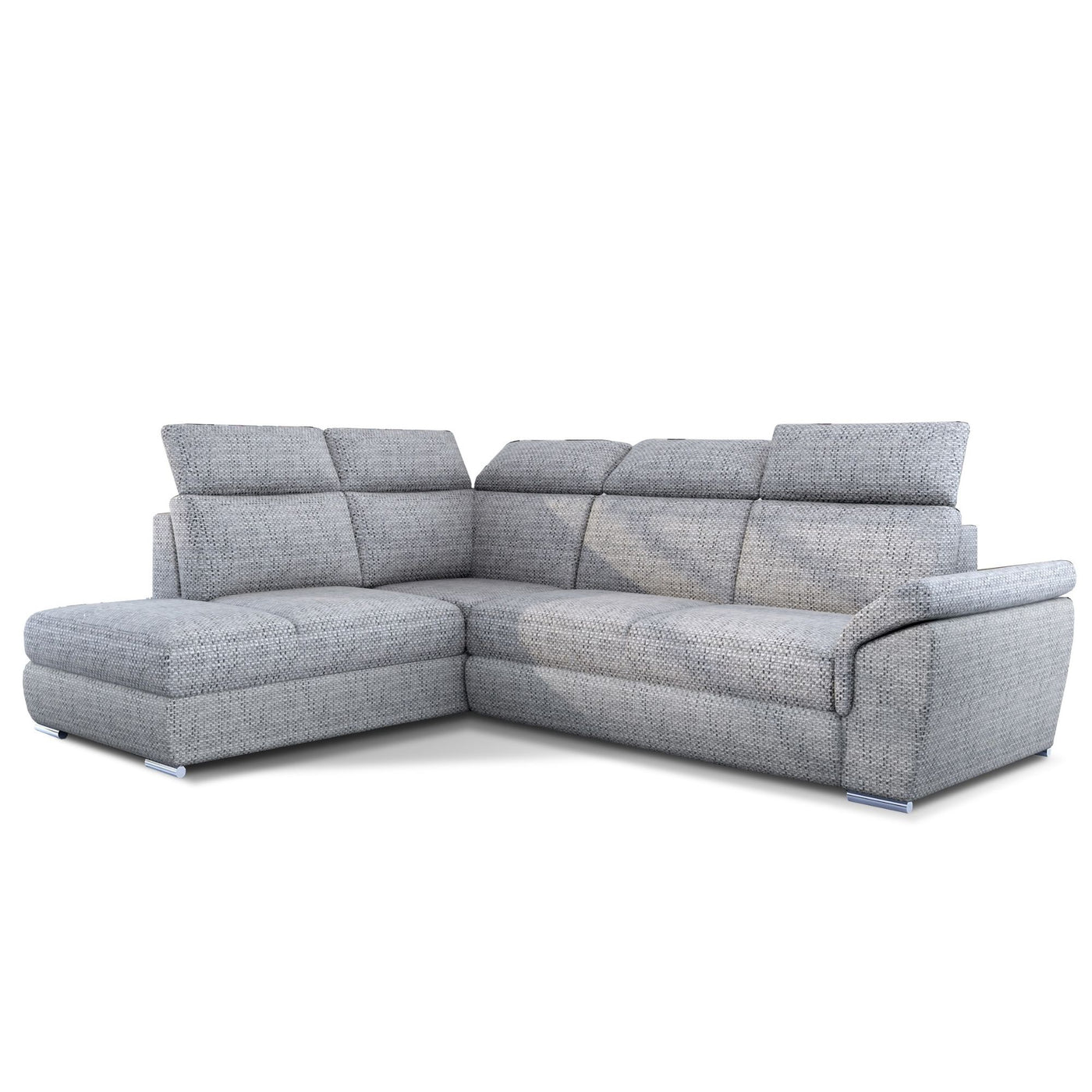 Canapé d'angle gauche convertible LES TENDANCES Kepita en tissu Gris clair chiné avec appuis-tête réglables et rangement