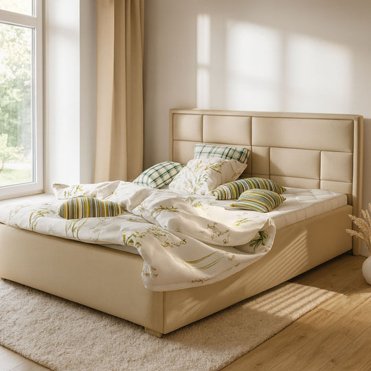 Lit avec sommier LES TENDANCES Lenzo en simili cuir Beige 200x200cm
