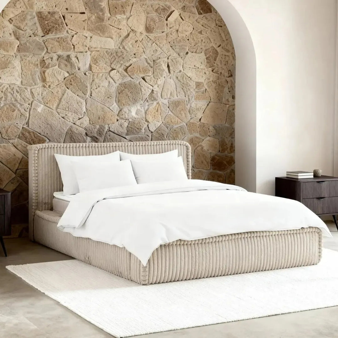Lit coffre CASANOVA Capucine en velours côtelé beige 180x200cm