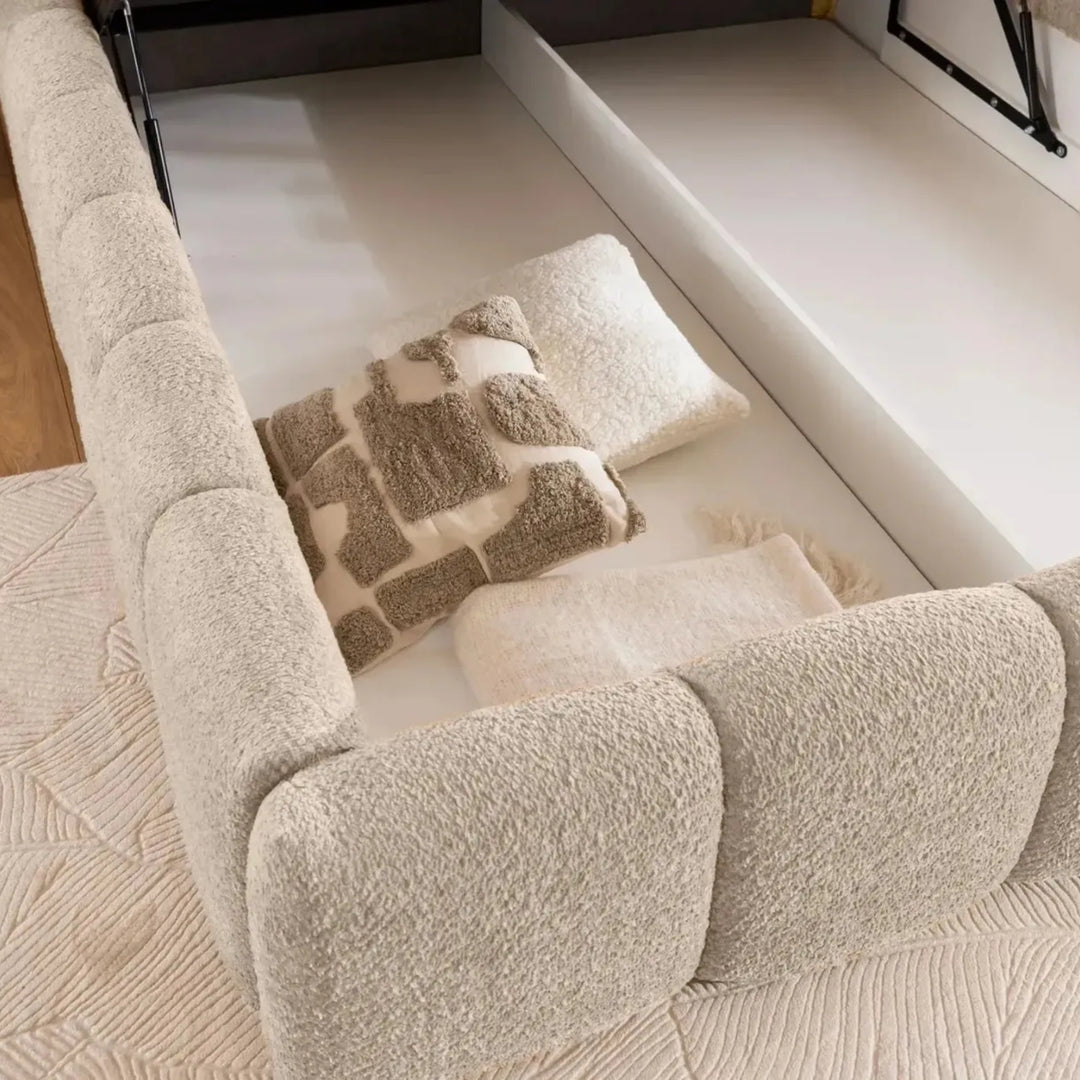 Lit coffre CASANOVA Elise en tissu bouclette beige 180x200cm