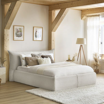 Lit coffre BOBOCHIC Jade 160x200cm avec tête de lit effet oreiller gros côtelé doux beige