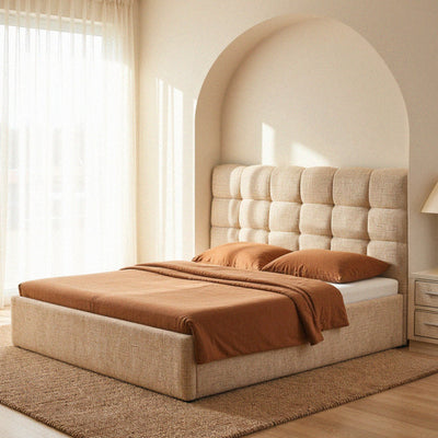 Lit coffre DRAWER Acara matelassé  avec tête de lit en tissu beige chiné 160x200 cm