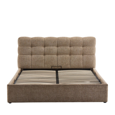 Lit coffre DRAWER Acara matelassé  avec tête de lit en tissu beige chiné 160x200 cm