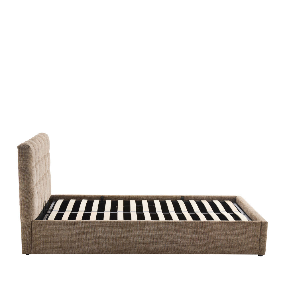 Lit coffre DRAWER Acara matelassé  avec tête de lit en tissu beige chiné 160x200 cm