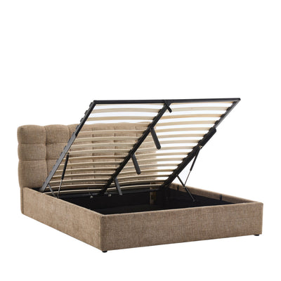 Lit coffre DRAWER Acara matelassé  avec tête de lit en tissu beige chiné 160x200 cm