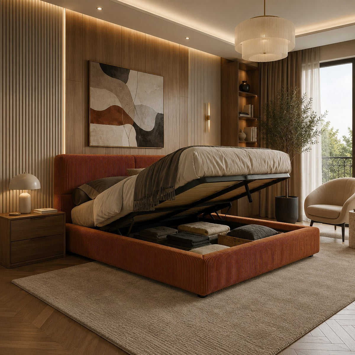 Lit coffre avec tête de lit en velours côtelé