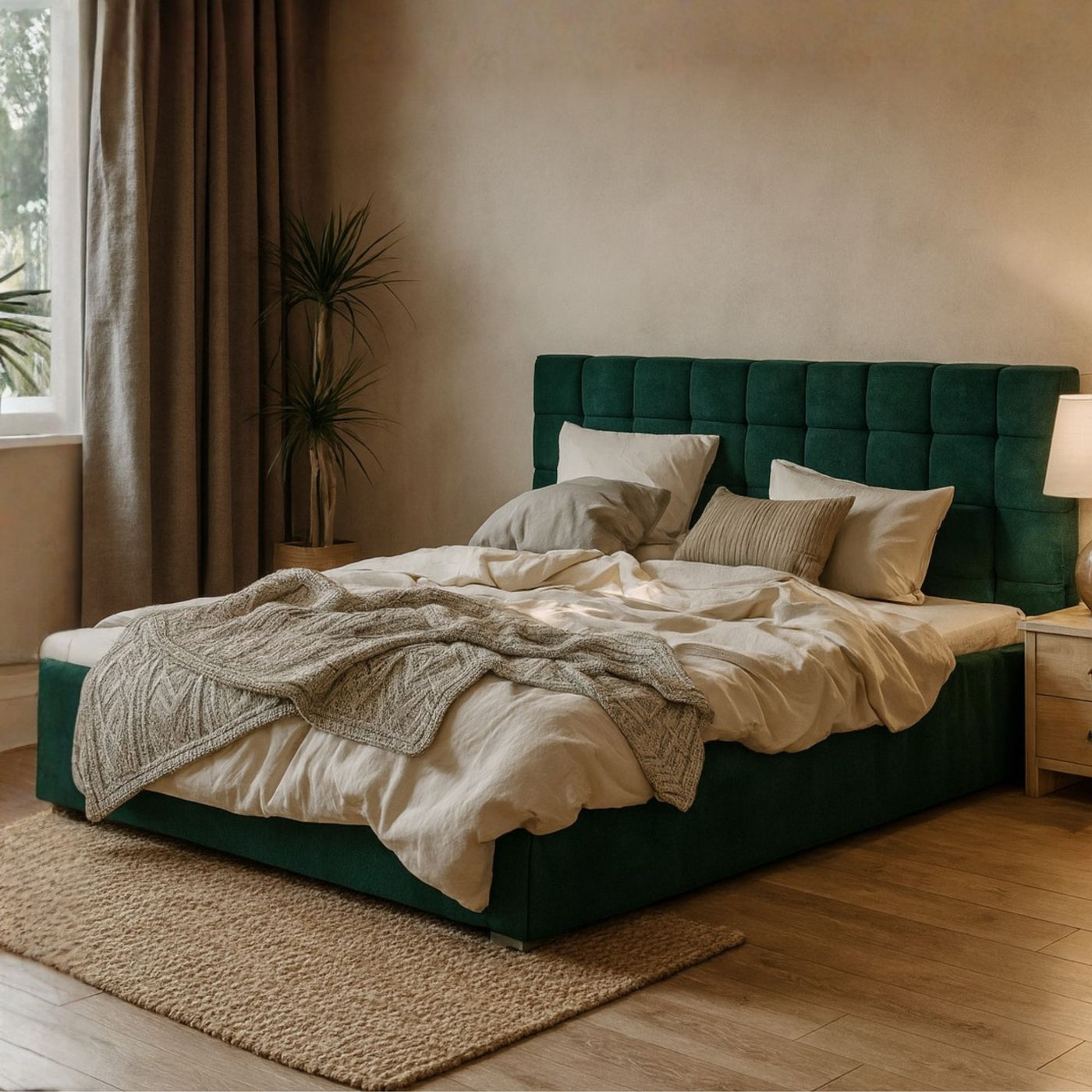 Lit avec sommier LES TENDANCES Kandy capitonné en velours Vert 160x200cm