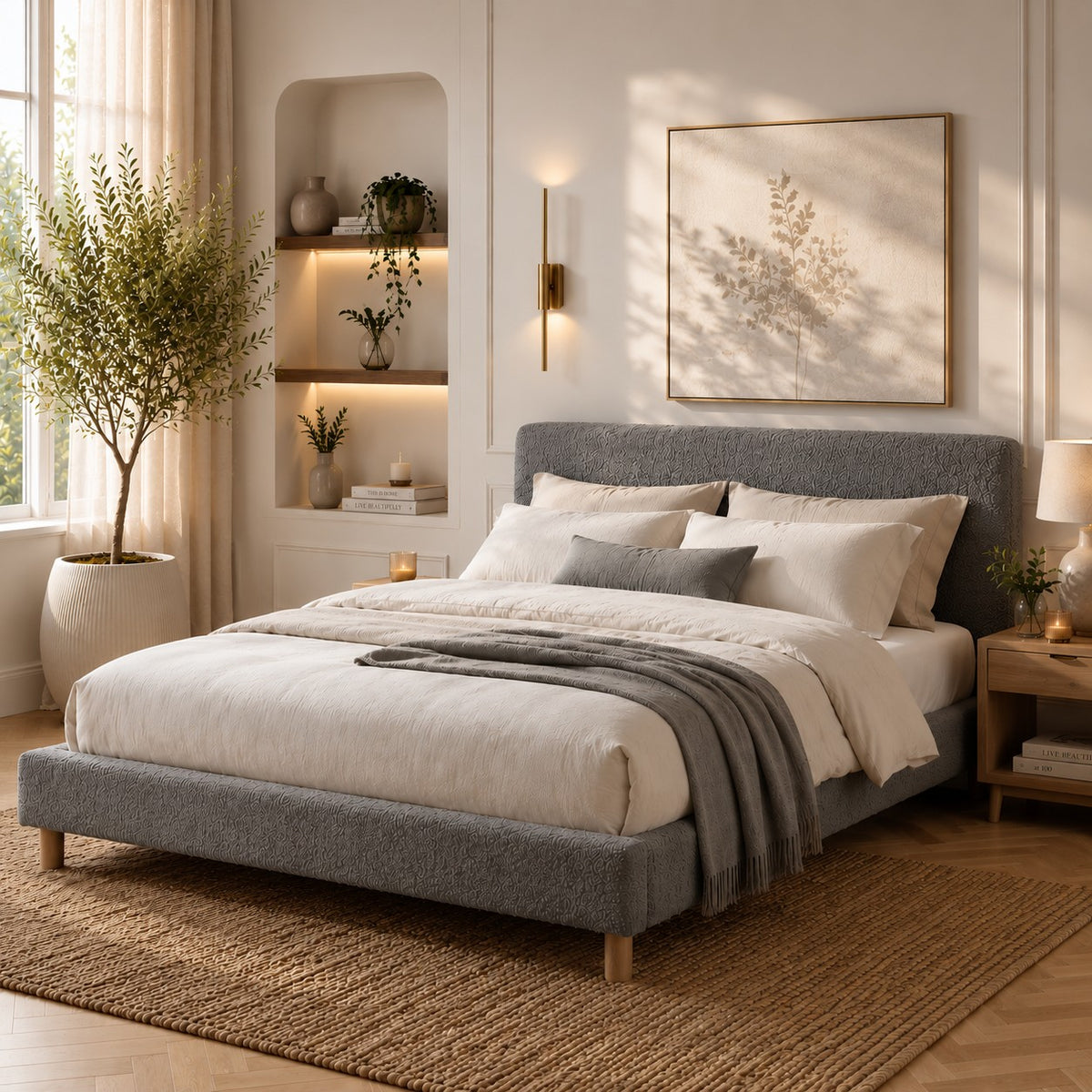 Lit avec tête de lit LOFT tissu Bouclette