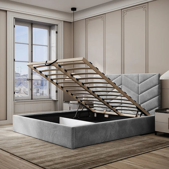 Lit coffre VENTE UNIQUE Justani 180 × 200 cm en tissu texturé gris — photo produit