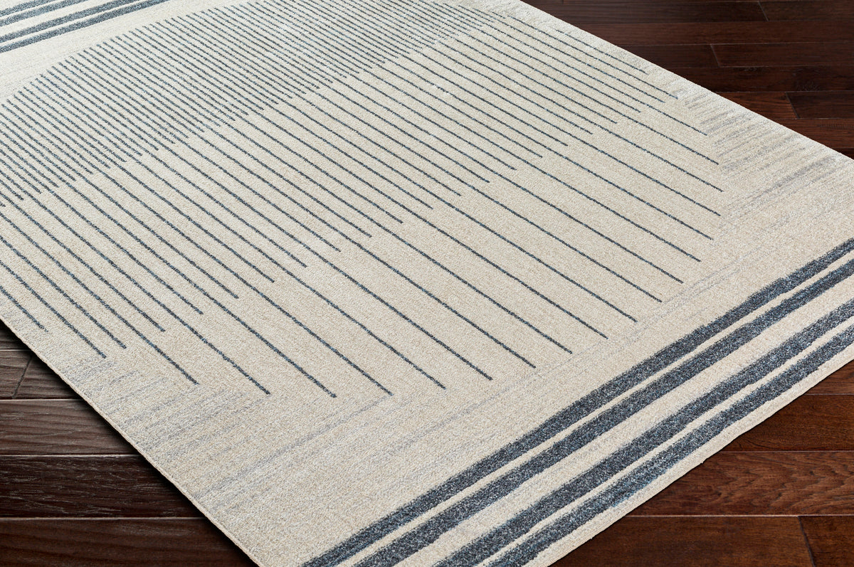 Tapis SURYA Santiago lavable scandinave, motif cercle de lignes, crème et bleu gris, vue 5