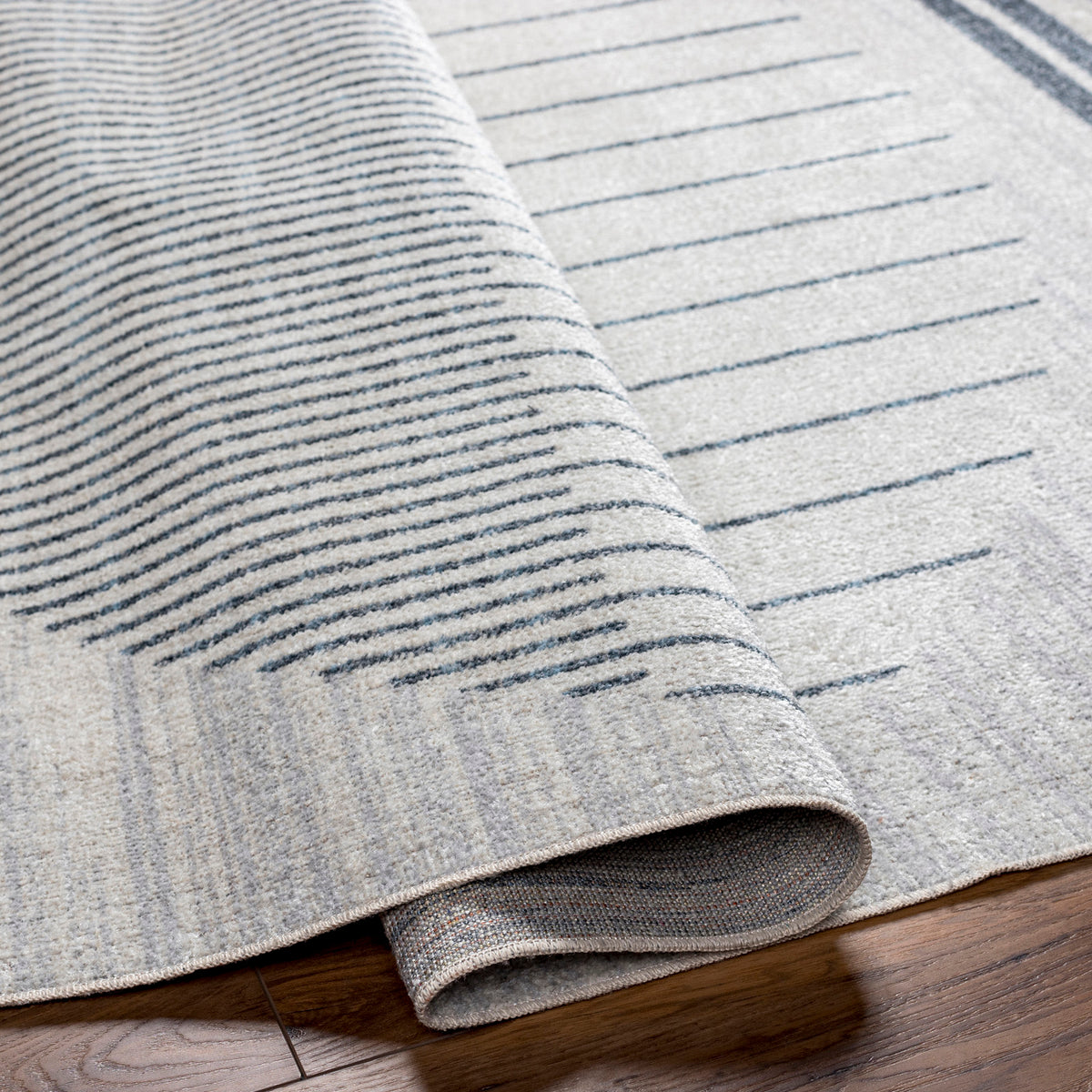 Tapis SURYA Santiago lavable scandinave, motif cercle de lignes, crème et bleu gris, vue 3