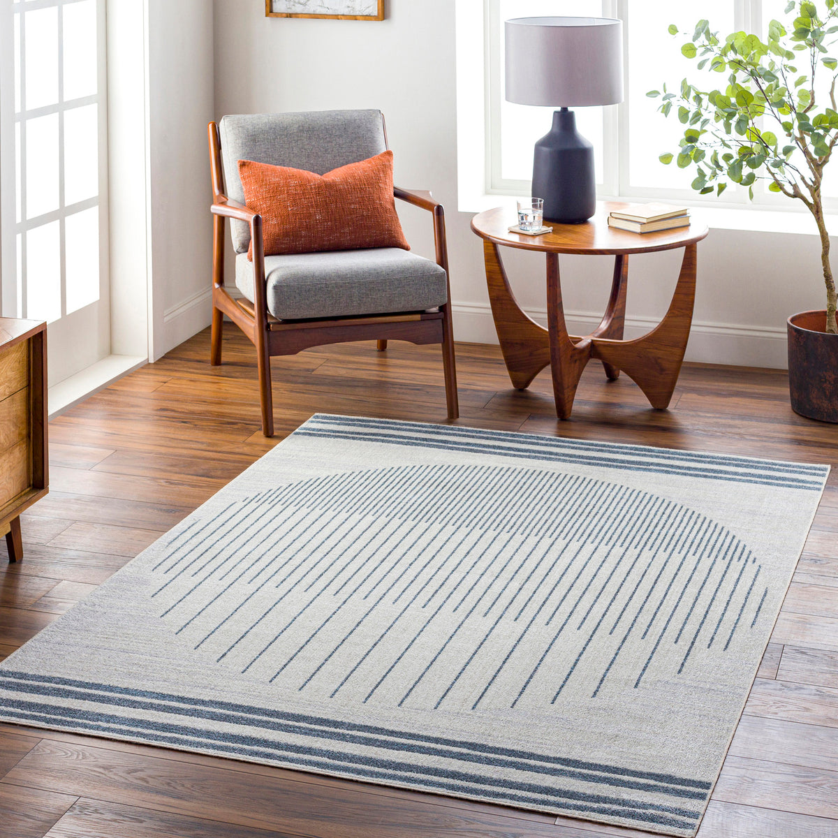Tapis SURYA Santiago lavable scandinave, motif cercle de lignes, crème et bleu gris