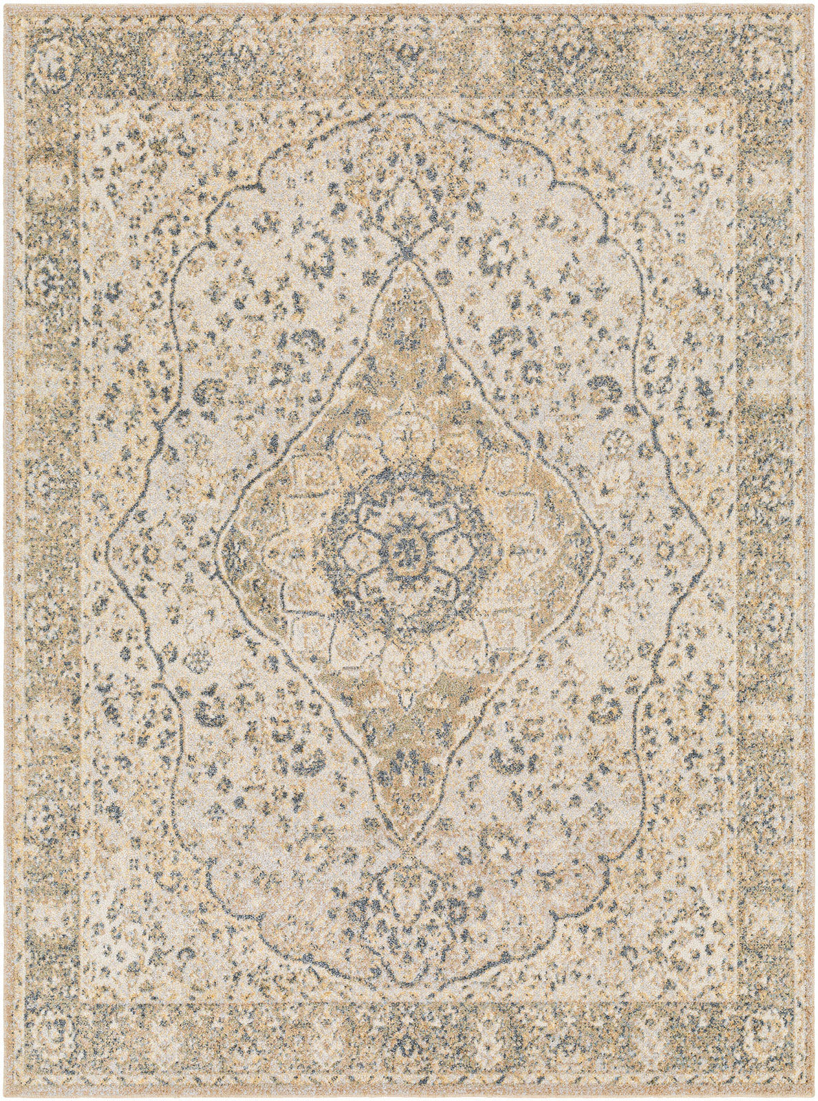 Tapis Surya Celine vintage oriental, médaillon délavé ivoire, beige doré et gris