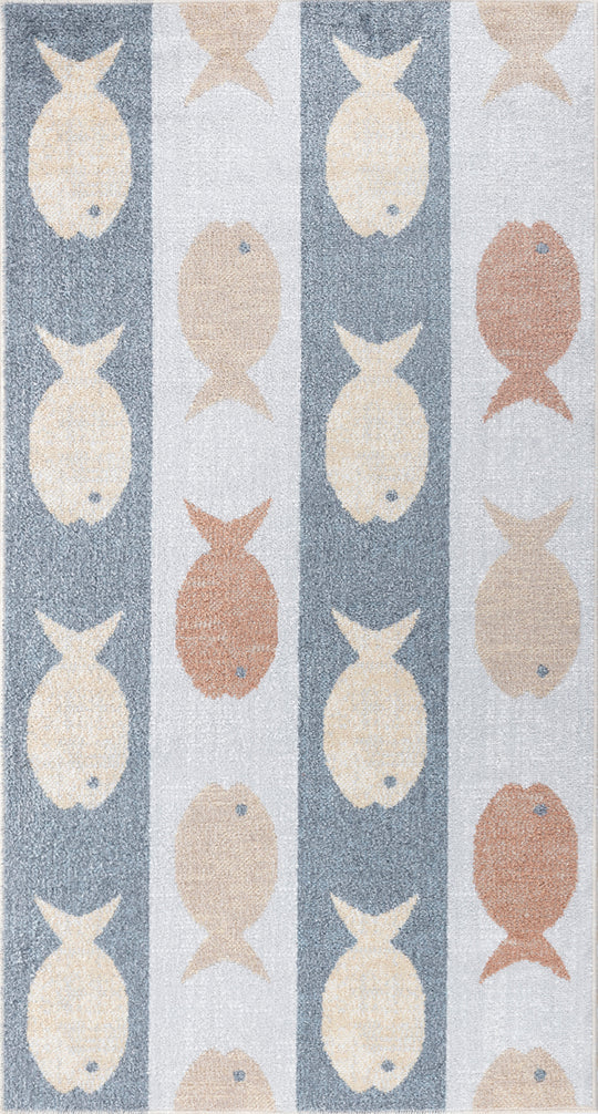 Tapis Enfant Lavable en Machine Poissons Beige/Gris/Orange Pekin