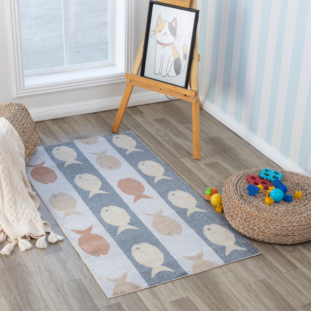Tapis Enfant Lavable en Machine Poissons Beige/Gris/Orange Pekin