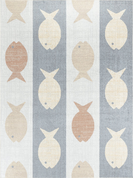 Tapis Enfant Lavable en Machine Poissons Beige/Gris/Orange Pekin