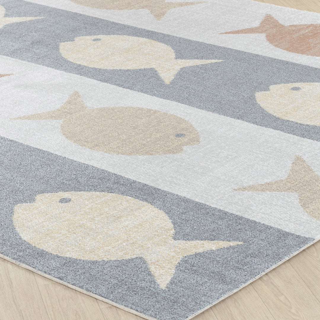 Tapis Enfant Lavable en Machine Poissons Beige/Gris/Orange Pekin