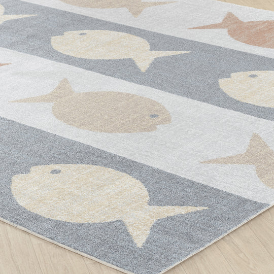 Tapis Enfant Lavable en Machine Poissons Beige/Gris/Orange Pekin