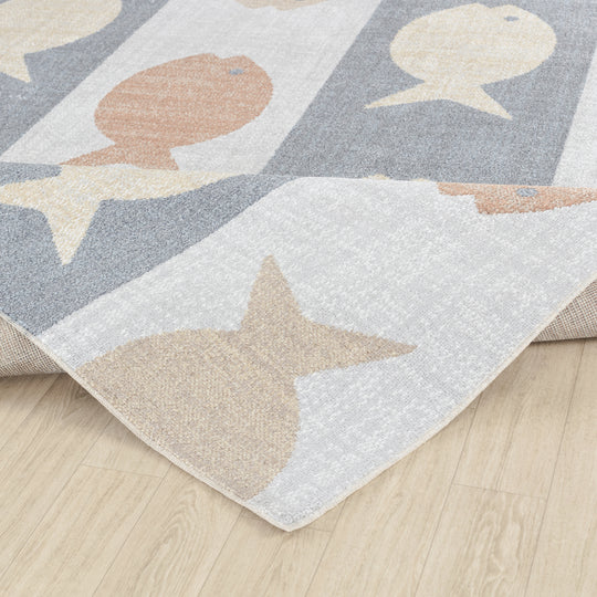 Tapis Enfant Lavable en Machine Poissons Beige/Gris/Orange Pekin