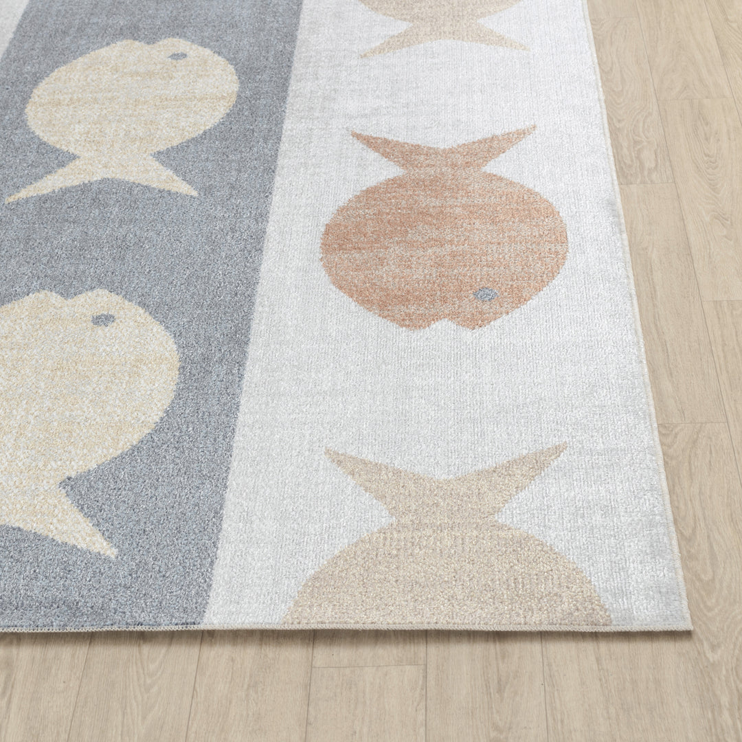 Tapis Enfant Lavable en Machine Poissons Beige/Gris/Orange Pekin
