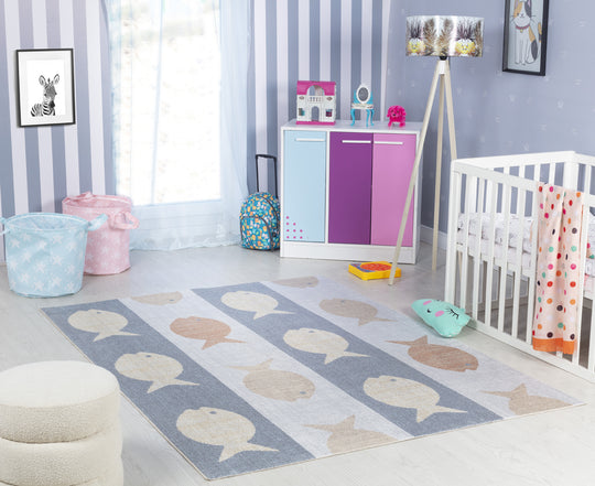 Tapis Enfant Lavable en Machine Poissons Beige/Gris/Orange Pekin